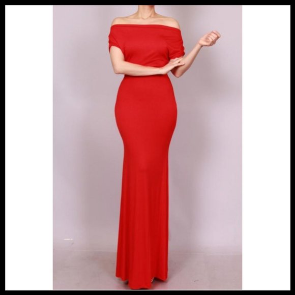 NWT Off Shoulder Solid Color Maxi Dress - Picture 2 of 7